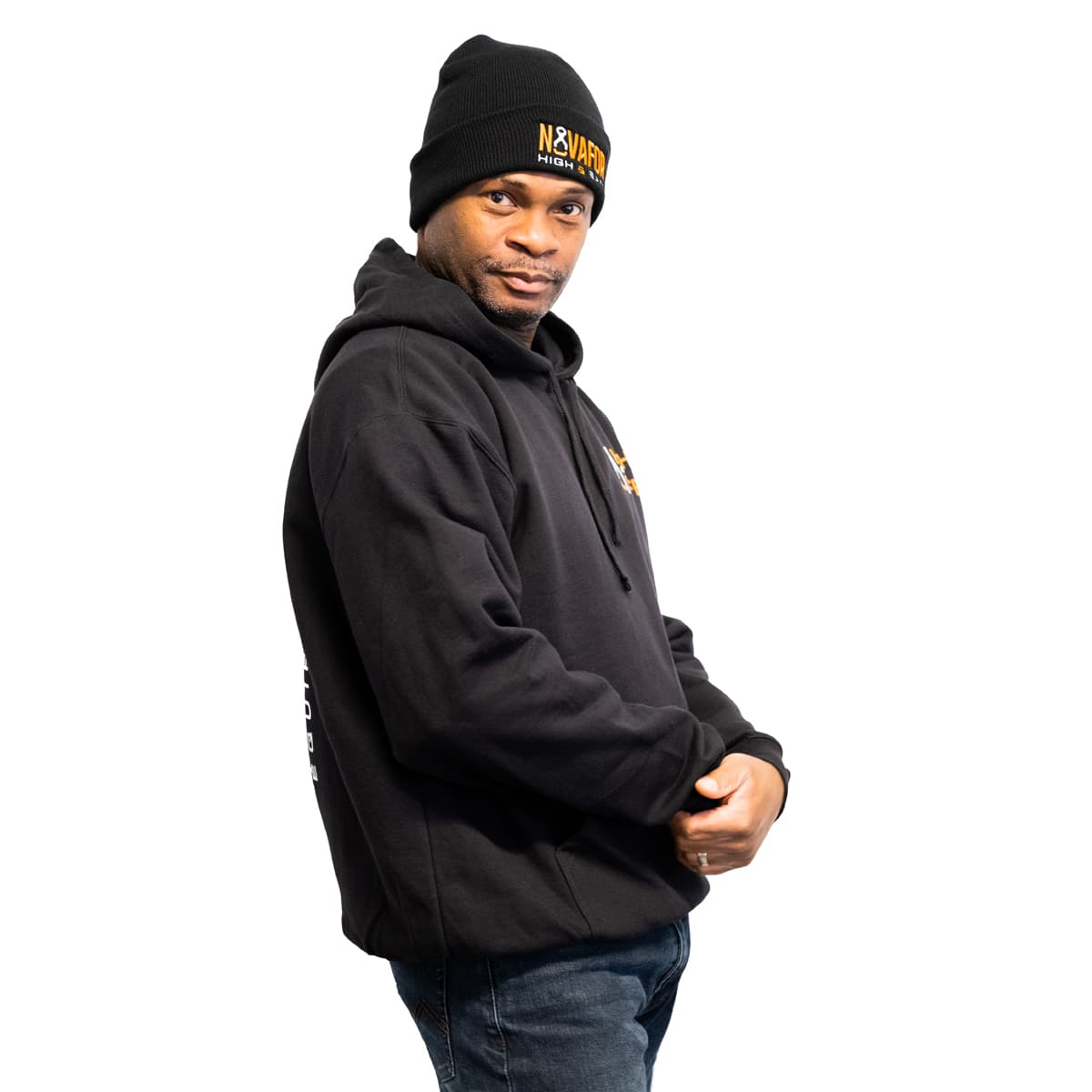 BLACK BEANIE WITH EMBROIDERED BRIM